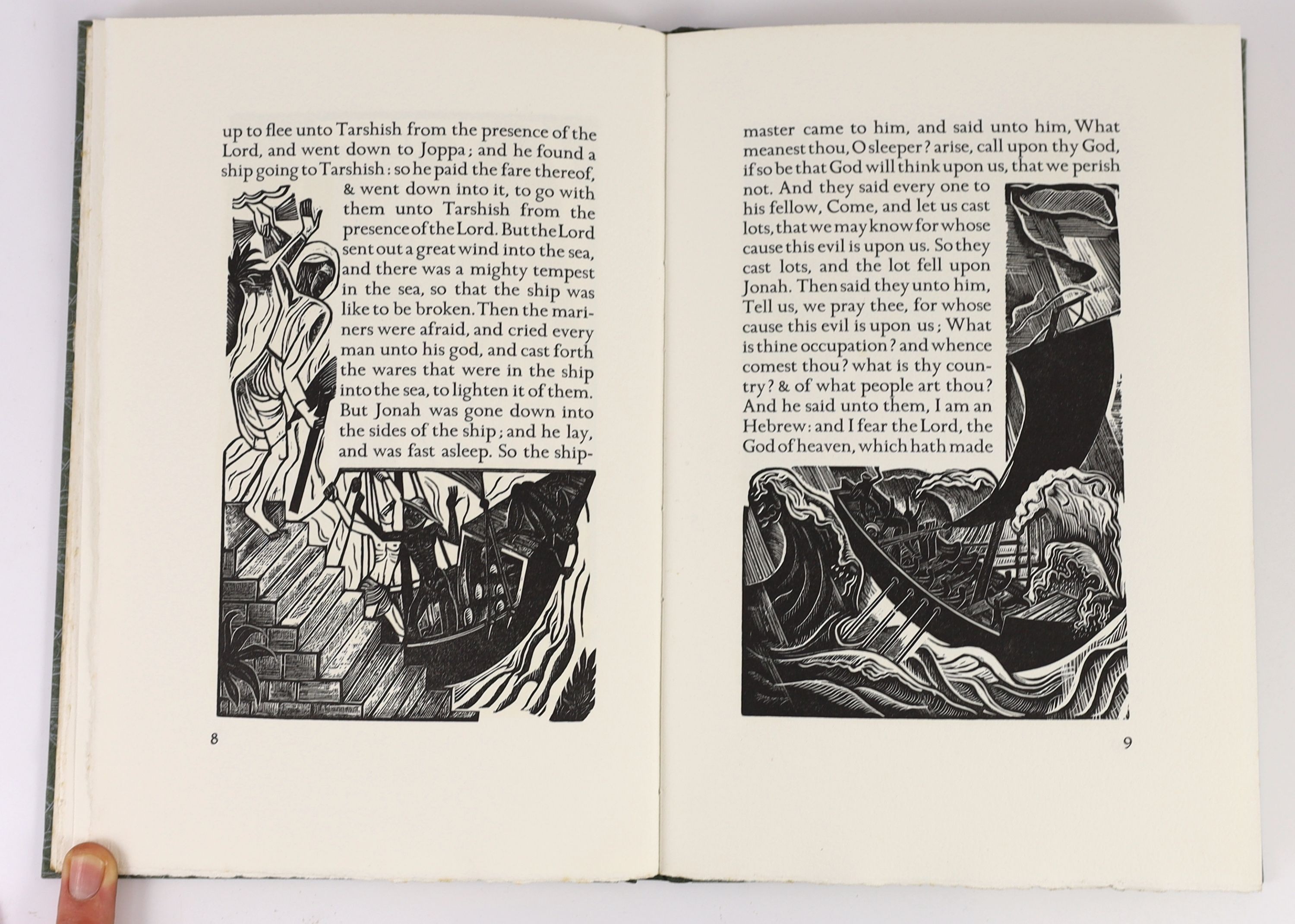 Jones, David [illustrator] - The Book of Jonah… limited edition, No. 41 of 300 printed on J. Green mould-made paper. Numerous wood-cut engravings in the text by David Jones. Quarter cloth and illustrated paper with gilt